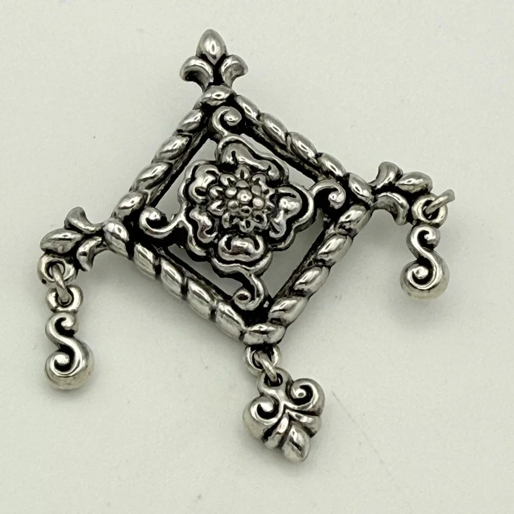 Brighton Silver Tone Brooch Diamond Shape Fleur de Lis Flower Dangle Charm Pin