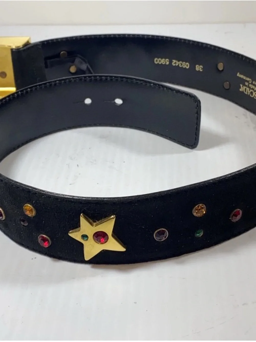 Escada Black Leather Belt with Gold Star Buckle and Gem Accents