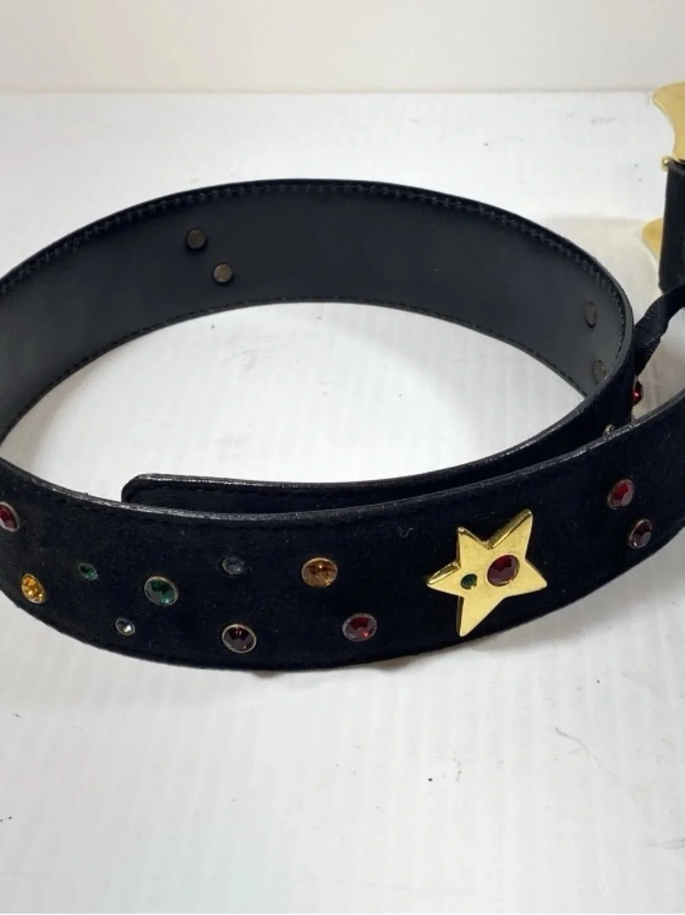 Escada Black Leather Belt with Gold Star Buckle and Gem Accents