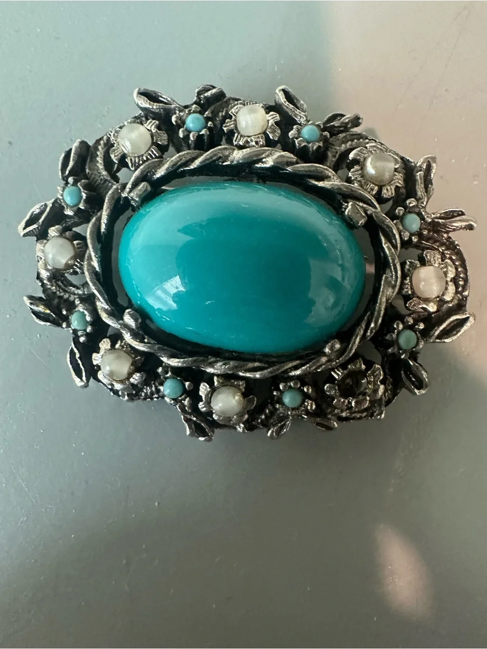 Vintage-Style Turquoise Blue Cabochon Brooch and Clip-On Earrings Set