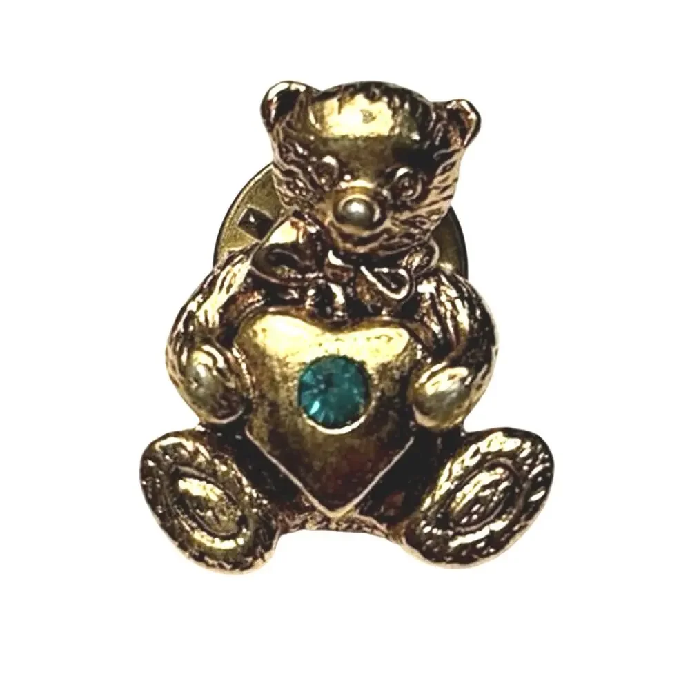Vintage CAMCO Teddy Bear Holding Heart Brooch Gold Tone Green Rhinestone