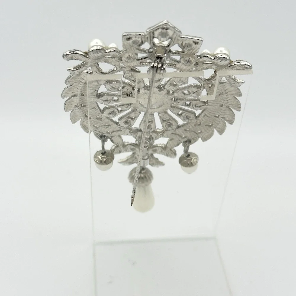Vintage Style Rhinestone Faux Pearl Dangle Brooch Silver Tone Large 3.5