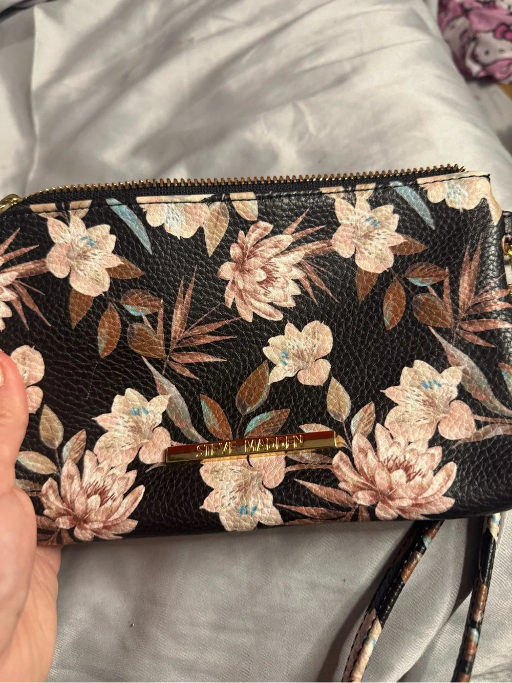 Steve Madden Black Floral Wristlet Crossbody with Gold Accent