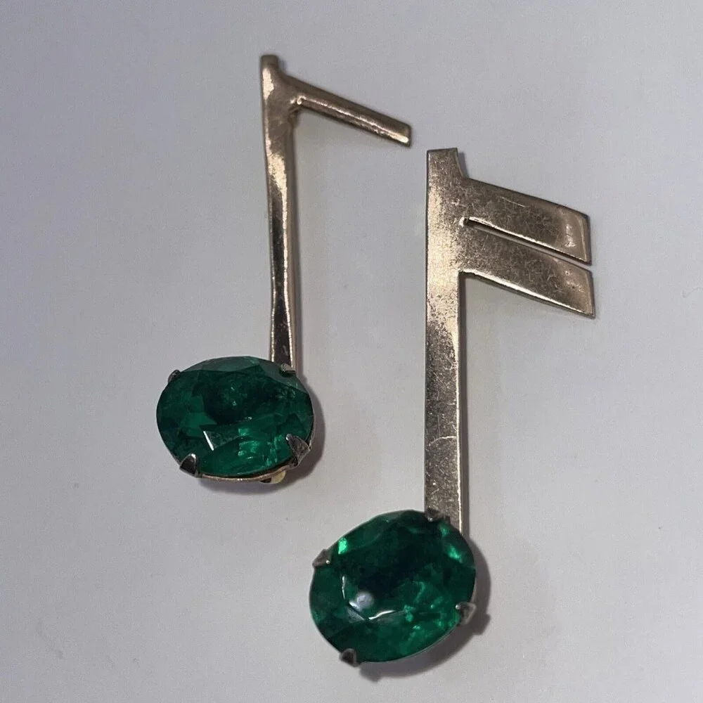 RARE Set‎ of 2 J Ingenue Sterling Music Note Brooches Pins Green Rhinestones VTG