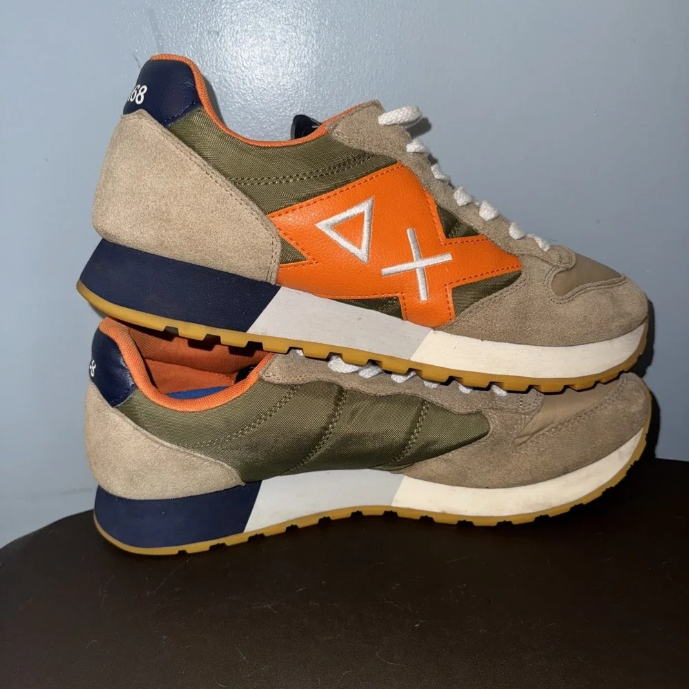 Sun68 Sneakers Uomo Jaki Bicolor Men's 12.5 Olive Orange Suede Nylon Shoes EUC