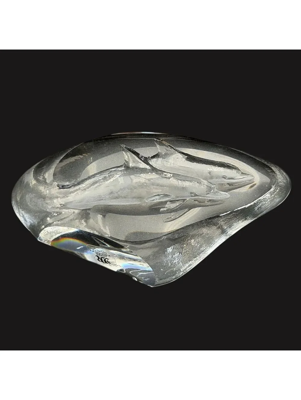 Mats Jonasson Maleras Sweden Crystal Dolphins Sculpture Signed Art Glass 3