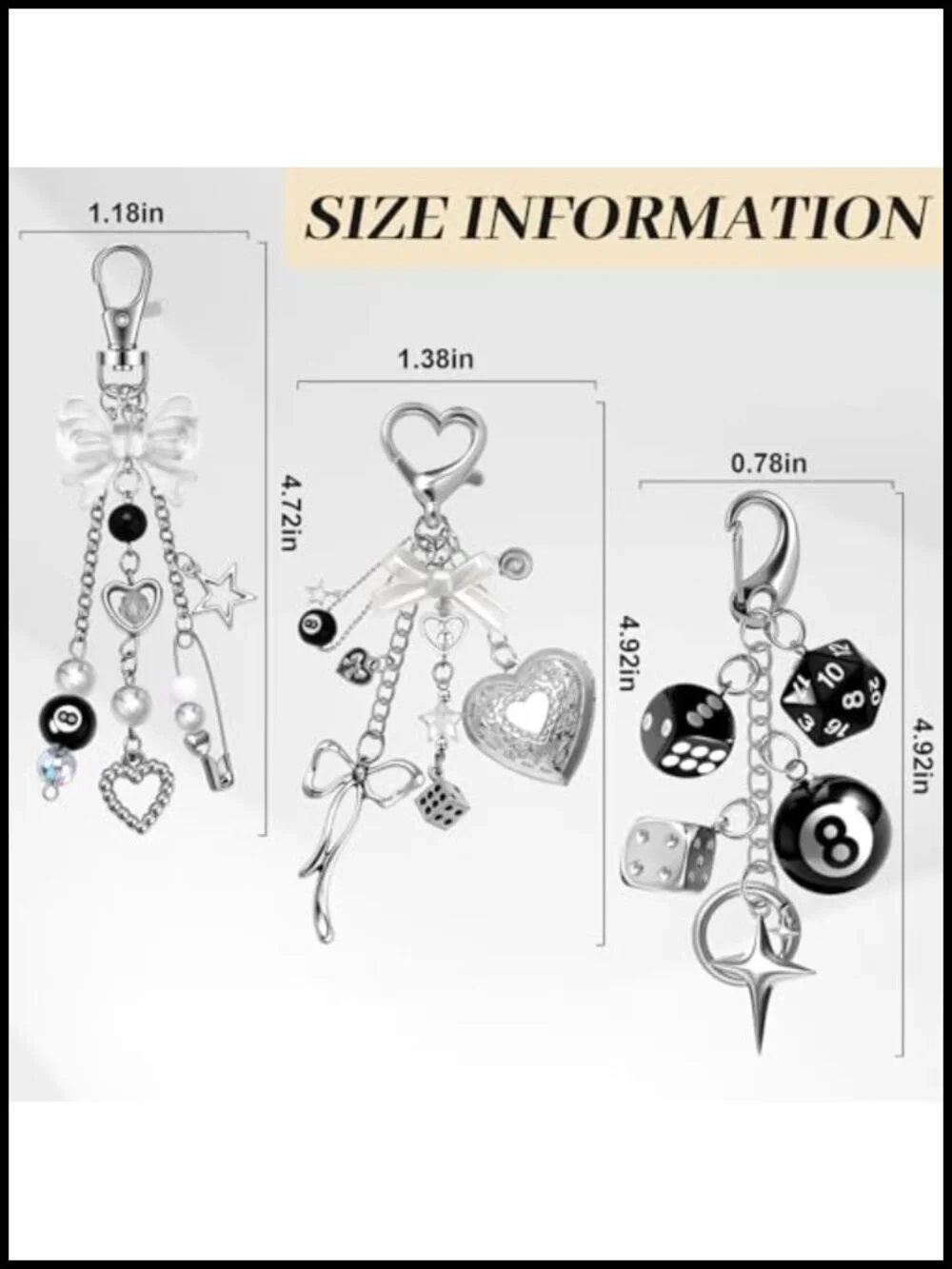 Y2K Goth Bag Charm Keychain Set - 8 Ball, Dice & Bow Charms for Purse