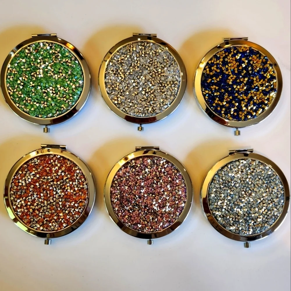 Set of 6 bejeweled metal case snap clasp compact mirrors with protective plastic