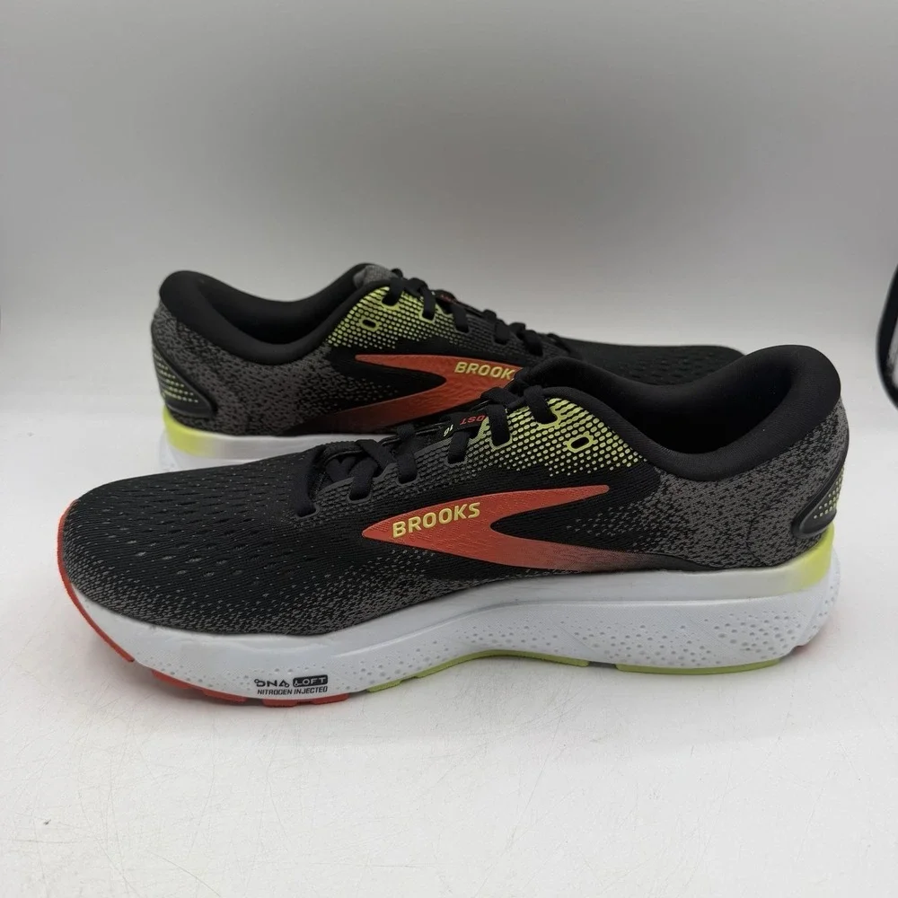 Brooks Ghost 16 Running Shoes Mens Sz 10 D Black/Mandarin Red/Green Sneakers