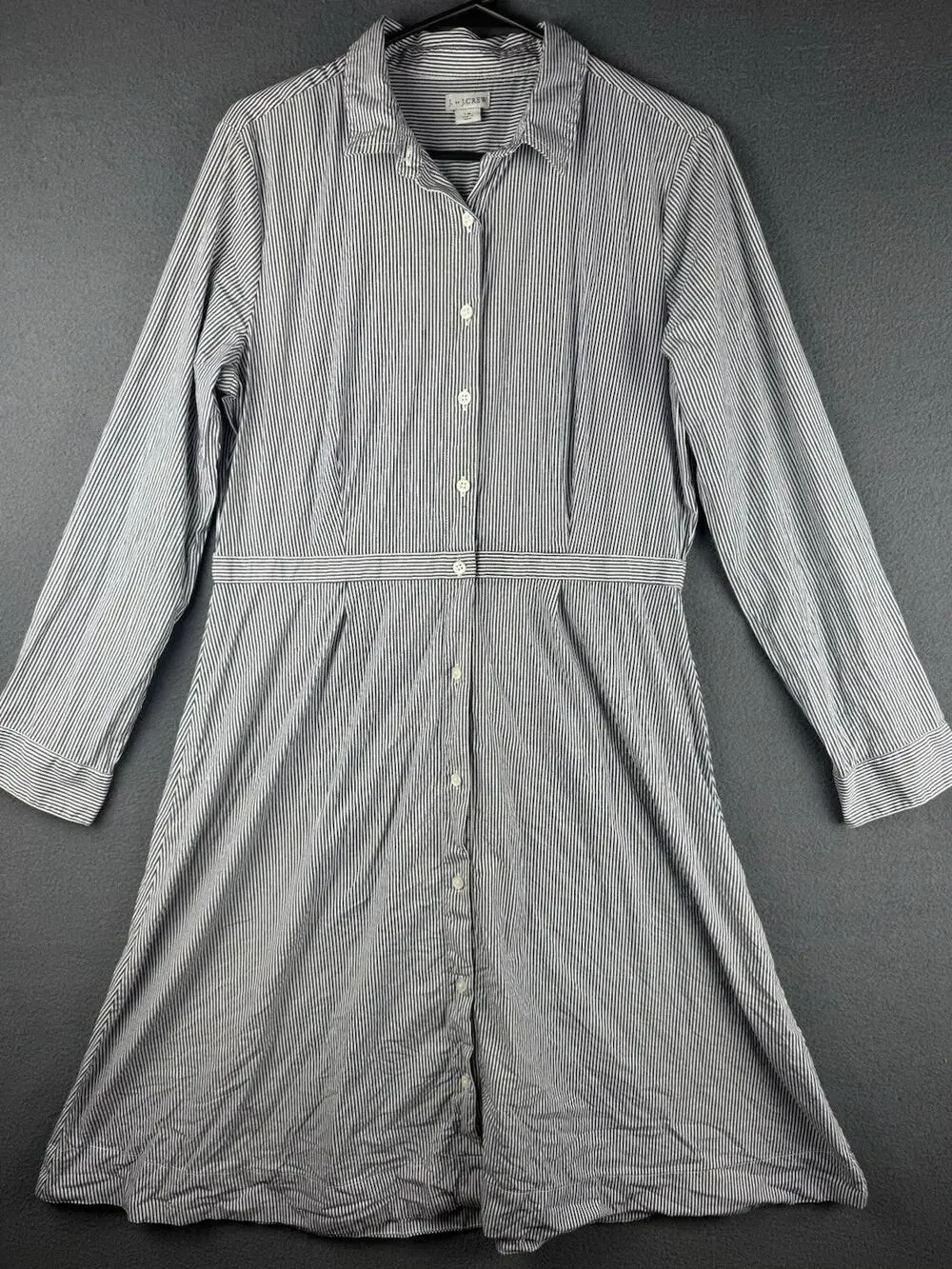 J.Crew Shirt Dress Womens 14 Navy White Striped Button Front Long Sleeve