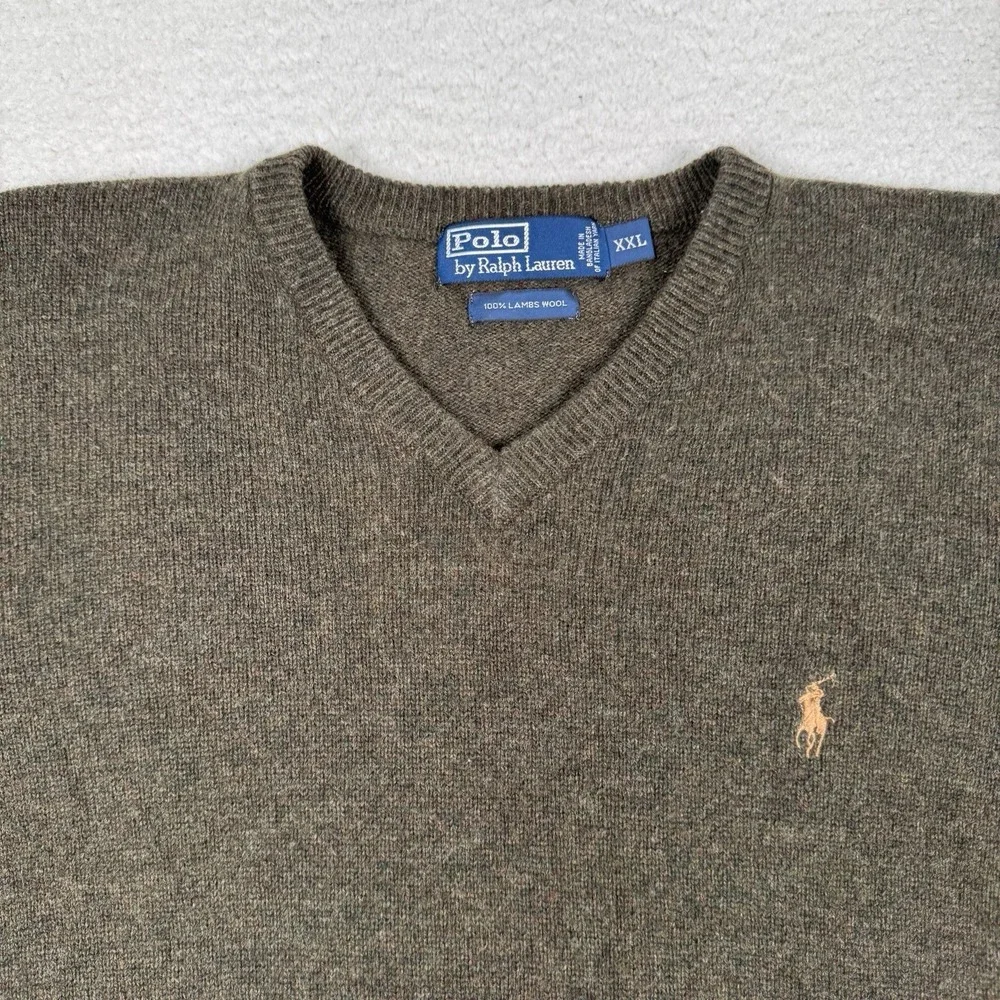 Polo Ralph Lauren Lambs Wool V-Neck Sweater Men's XXL Green Gold Pony