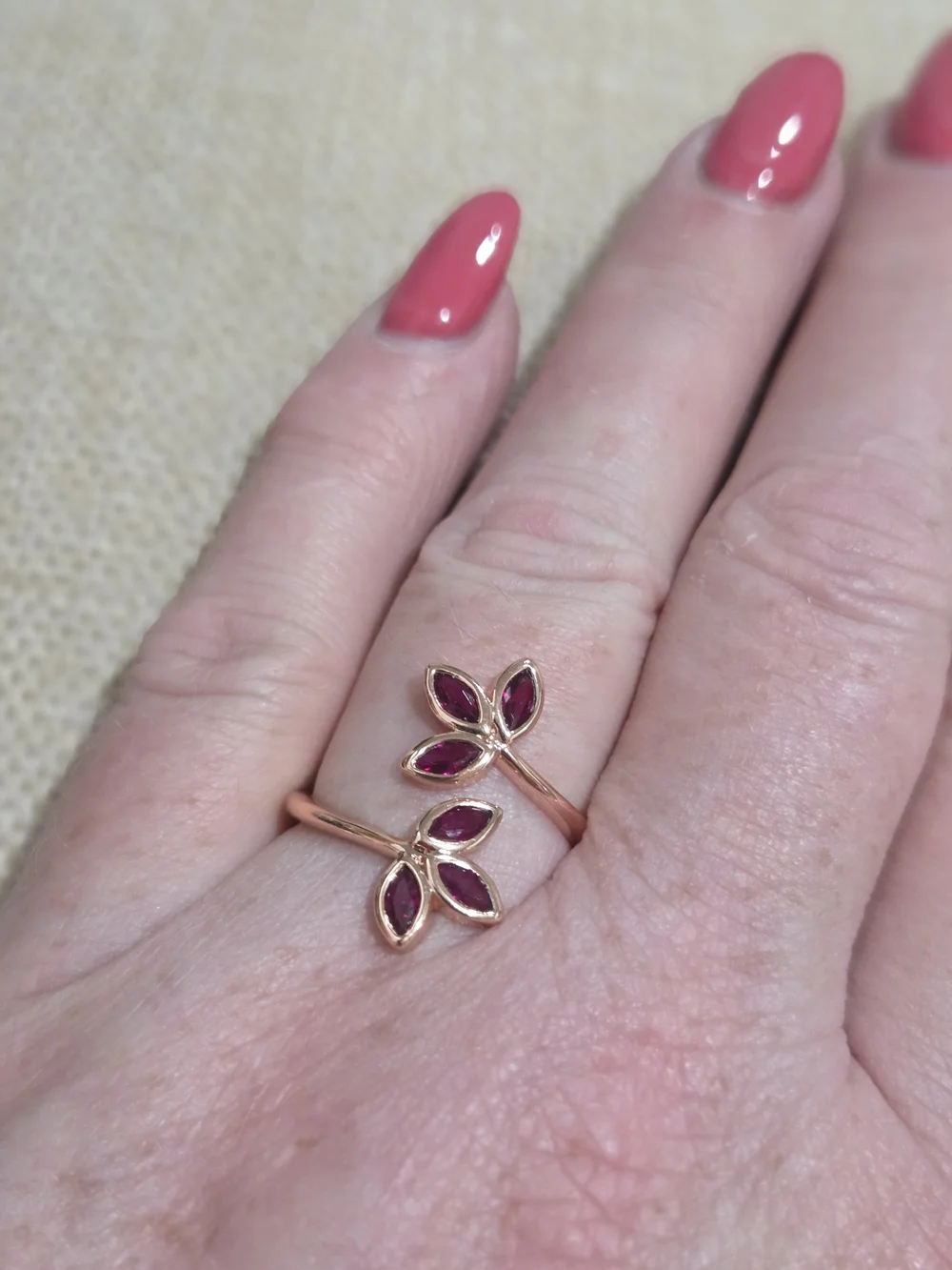Rose Gold Leaf Ring with Cherry Red Garnets Gemstones -