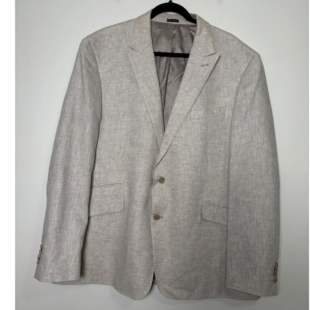 Joseph Abboud Mens Linen Cotton Blazer 48 Long Slim Fit Herringbone Beige