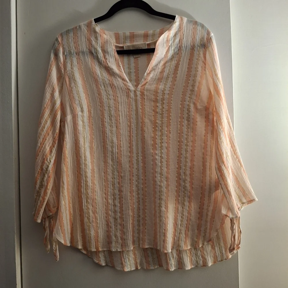Michael Kors Women's Striped Sheer Pink, White, and Tan Blouse