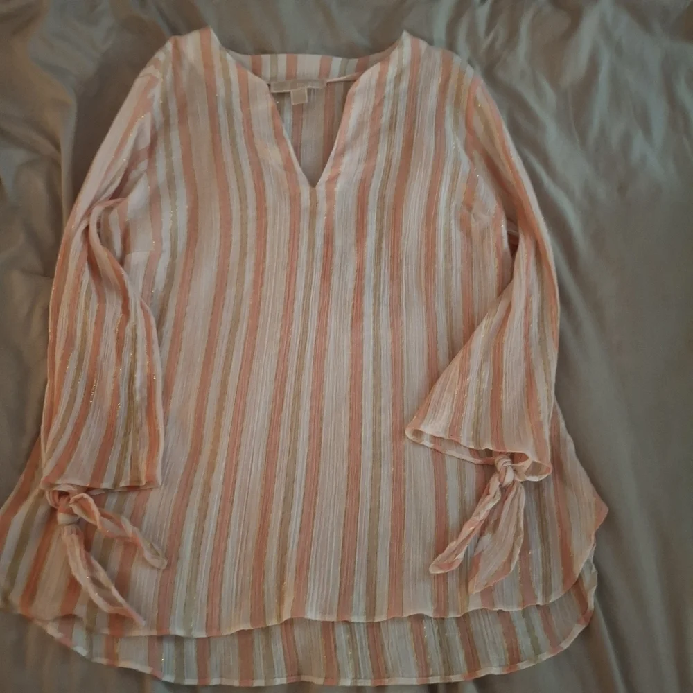 Michael Kors Women's Striped Sheer Pink, White, and Tan Blouse
