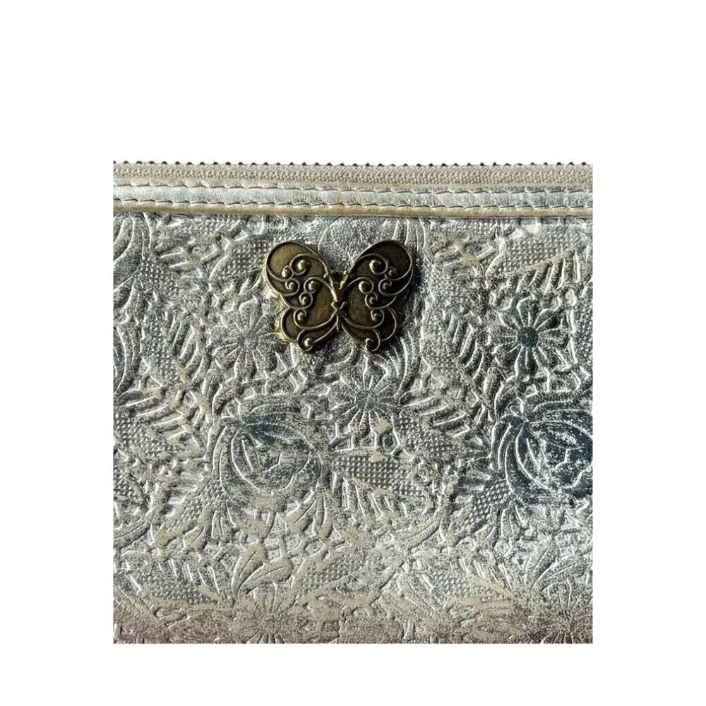 Anna Sui Silver Floral Long Wallet with Accent Chain and Gold Butterfly Emblem