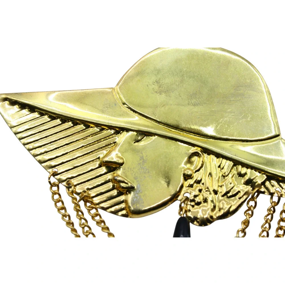 Vintage Statement Pin Brooch Stamped Metal Lady in Hat w Chains 4 5/8