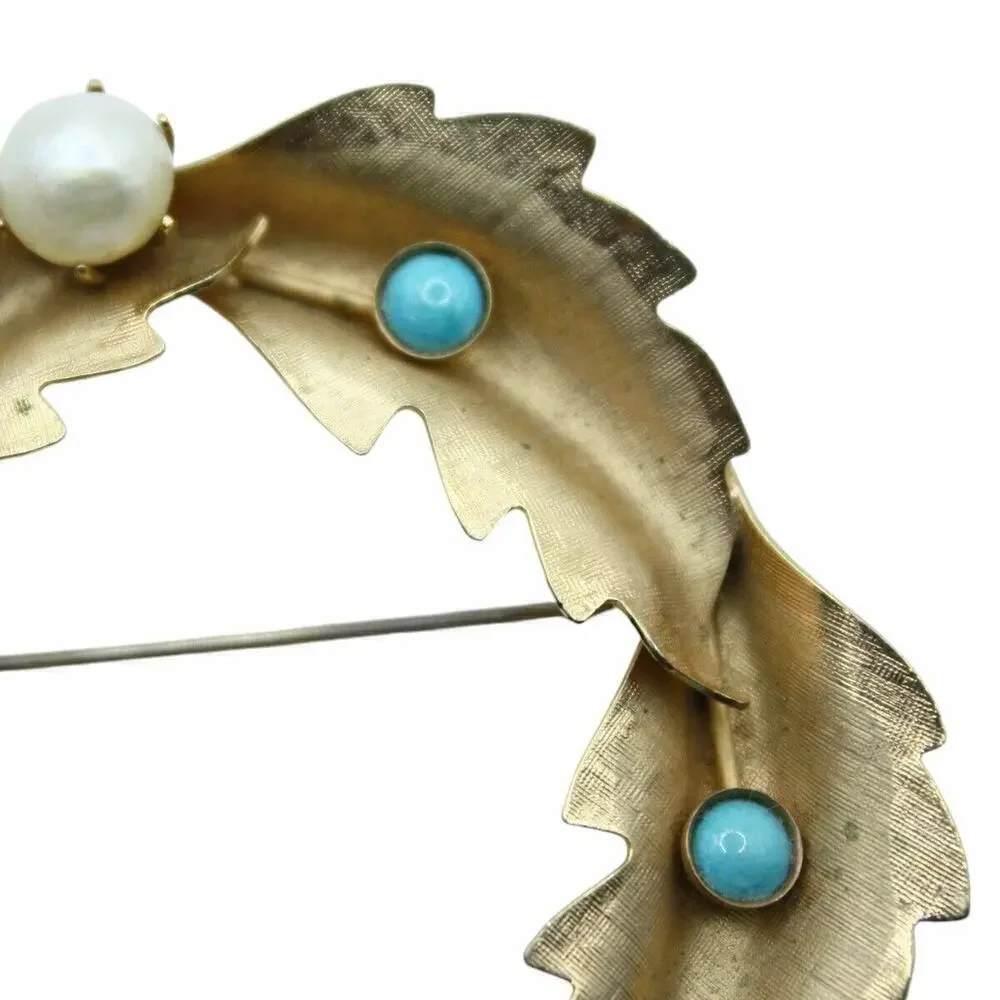 Vintage Pin Brooch Classic Wreath Leaf Design w Blue Beads Pearl 2.25