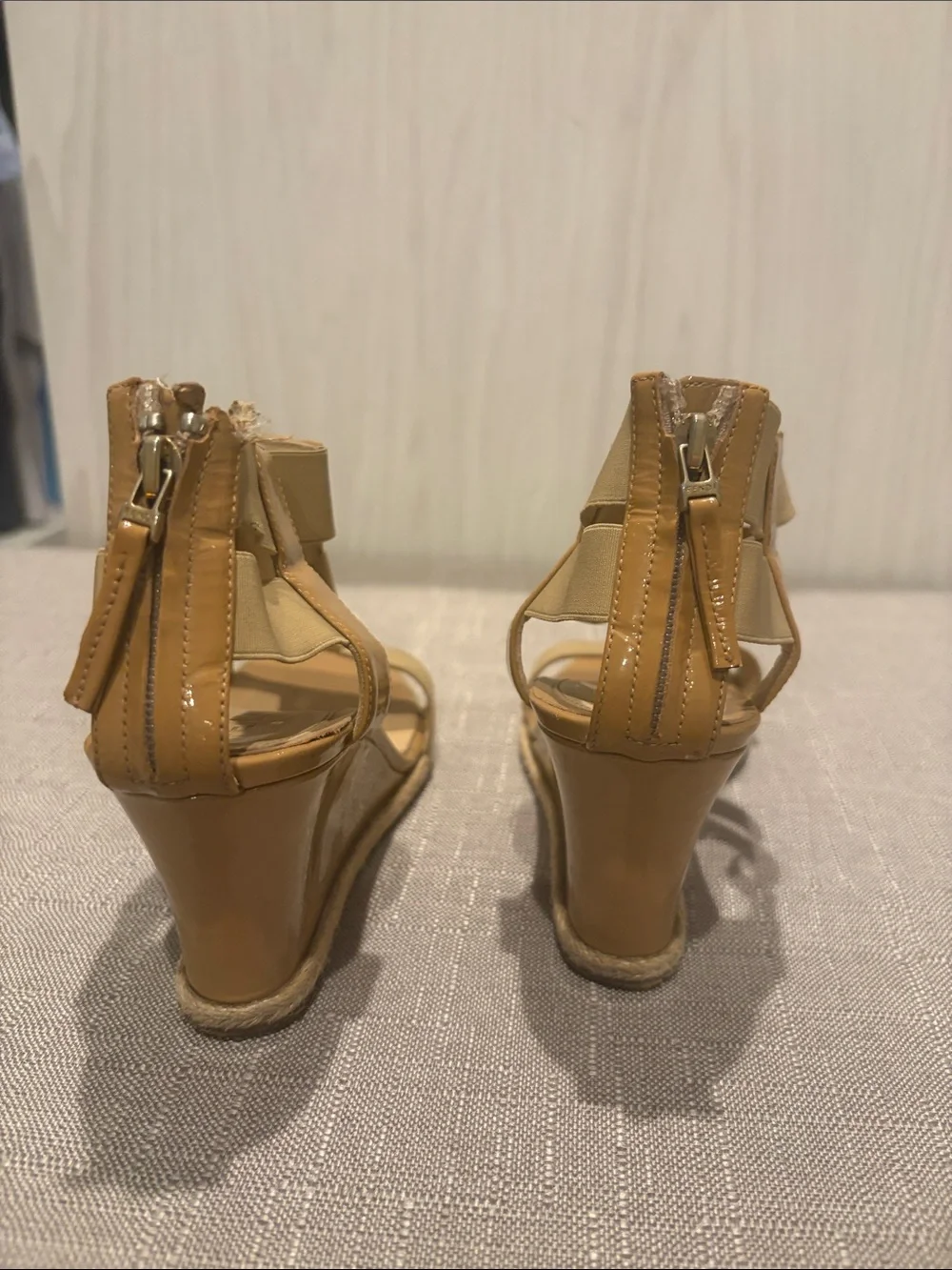 Fendi Beige/Tan Patent Leather Espadrille Wedge Sandals