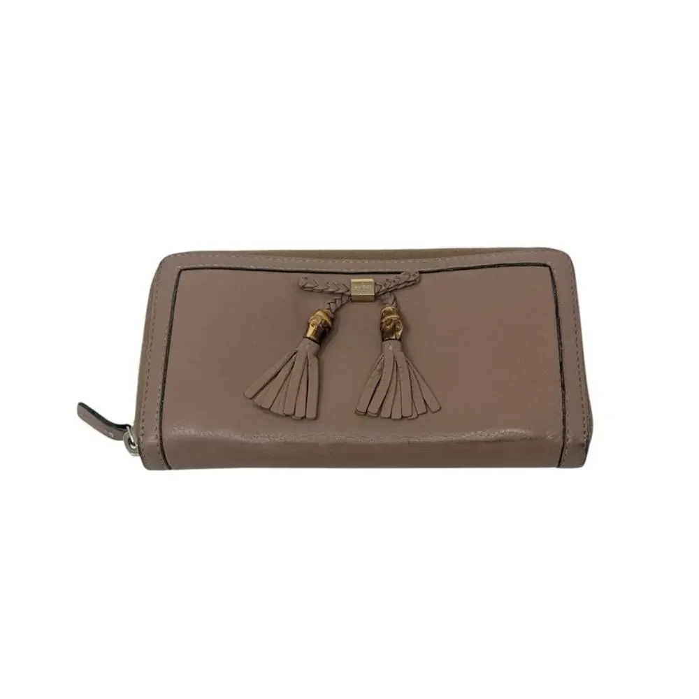 Gucci Leather Bamboo Tassel Bow Zip Brown Taupe Beige Continental Wallet