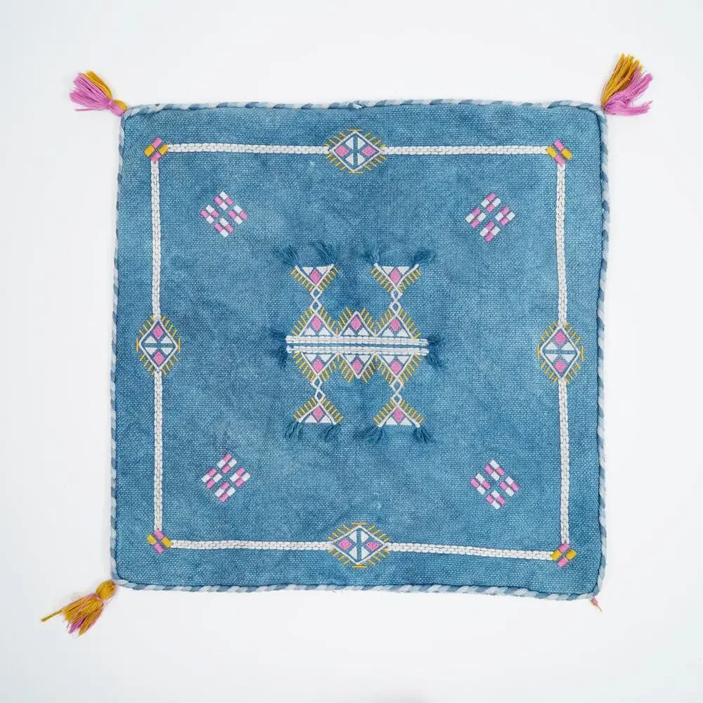 Moroccan Embroidered Pillow Cover 20x20 Blue Cotton Fringe Tassel Cushion Cover