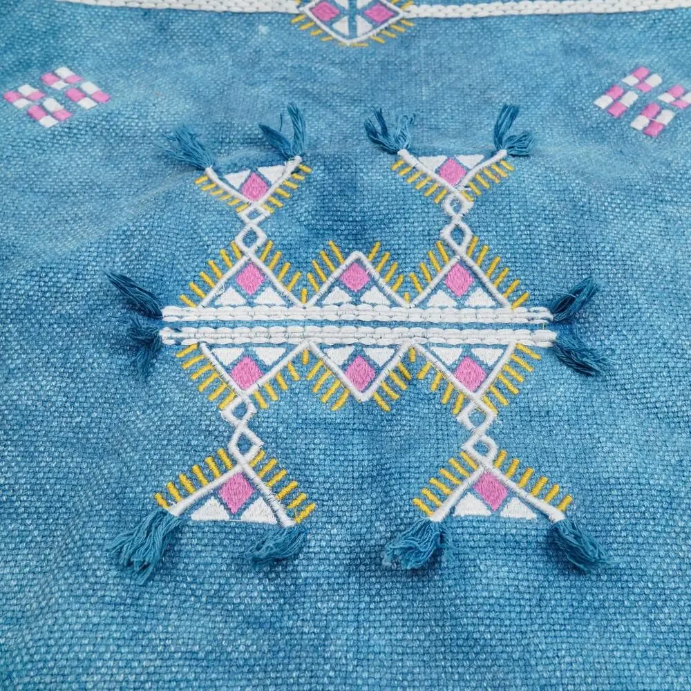 Moroccan Embroidered Pillow Cover 20x20 Blue Cotton Fringe Tassel Cushion Cover