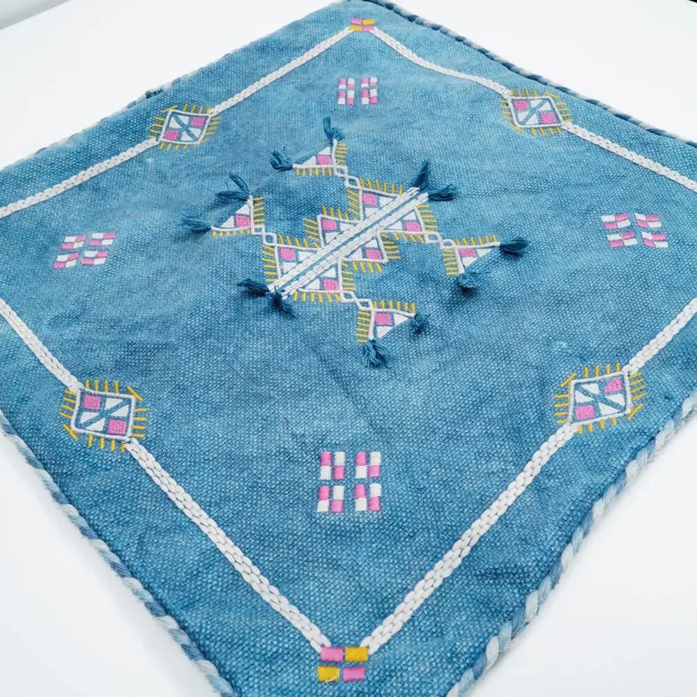 Moroccan Embroidered Pillow Cover 20x20 Blue Cotton Fringe Tassel Cushion Cover