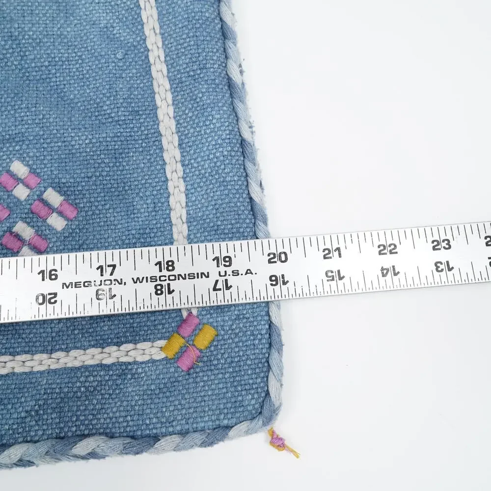 Moroccan Embroidered Pillow Cover 20x20 Blue Cotton Fringe Tassel Cushion Cover