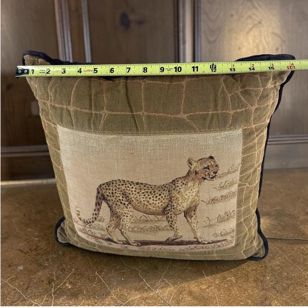 Vintage Cheetah Tapestry Throw Pillow Velvet Back Quilted Safari Animal 16x16