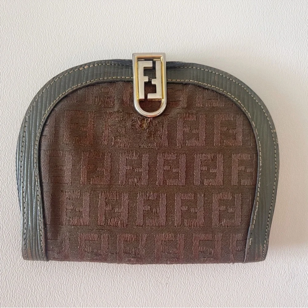 Fendi Wallet Zucca Demi-Lune Bi-Fold Coin Purse Vintage Luxury Brown Green