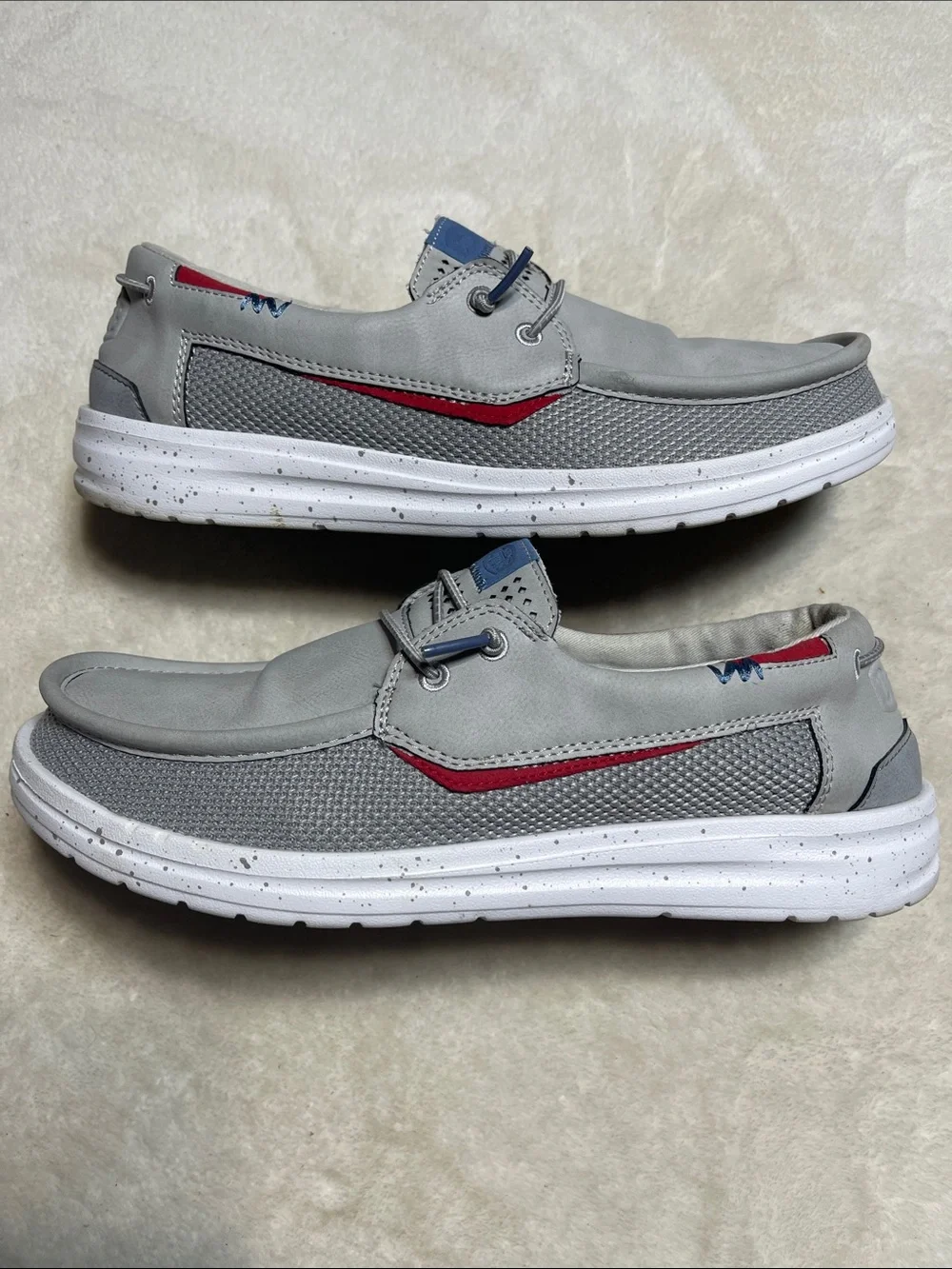 Hey Dude Men's Gray Boat Shoes with Red Accent Size 9
