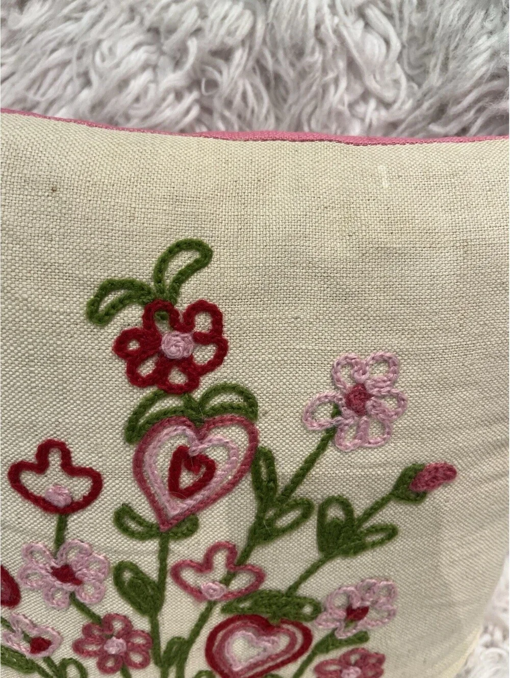 Vintage 11x11” Pink Green Canvas Cross Stitch Flower Heart Throw Pillow 70s