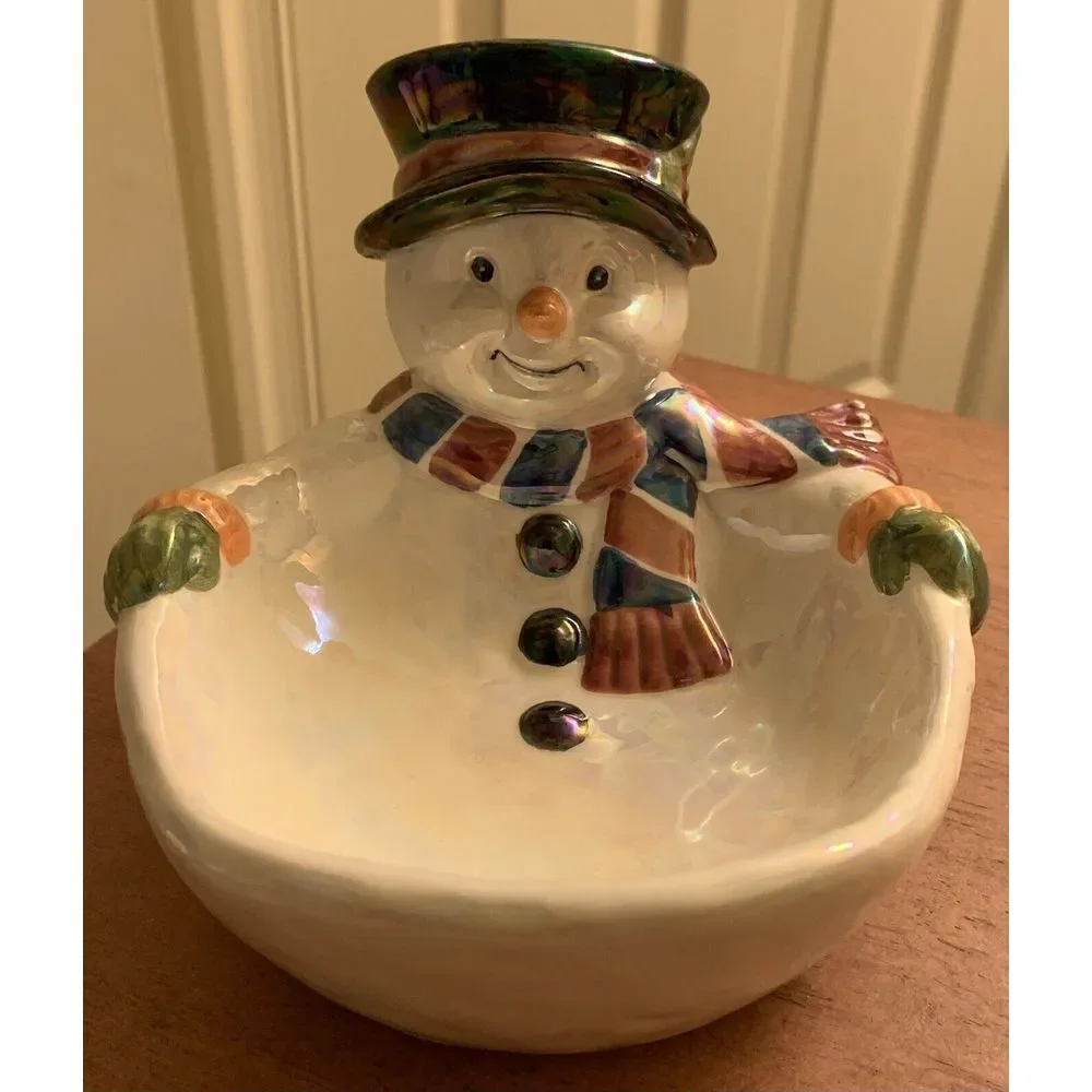 Vintage Glass Christmas Snowman Bowl/‎ Trinket/ Soap Dish 6