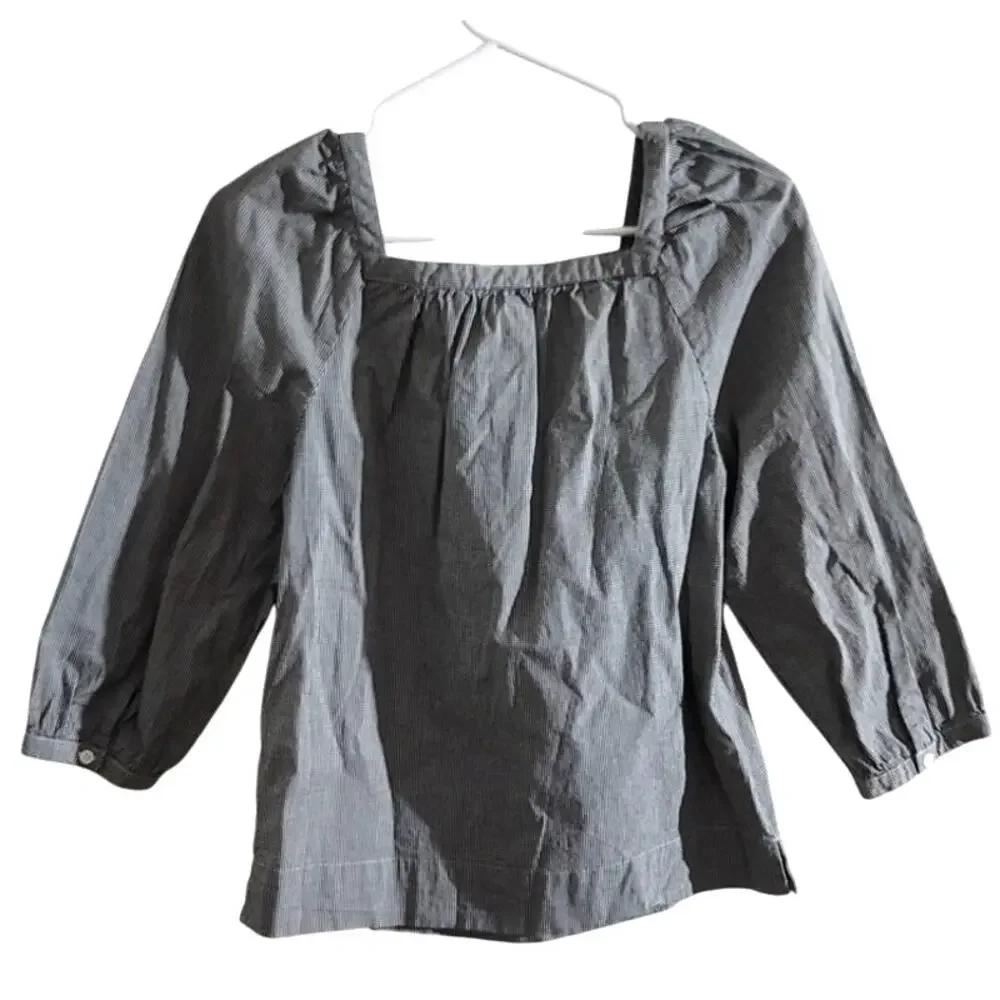 J Crew Penny Peasant Gingham Square Neck 3/4 Sleeve Top Black White XS