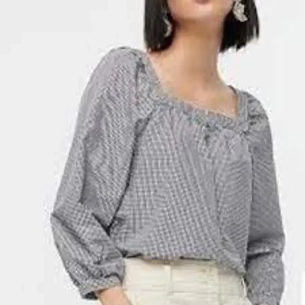 J Crew Penny Peasant Gingham Square Neck 3/4 Sleeve Top Black White XS