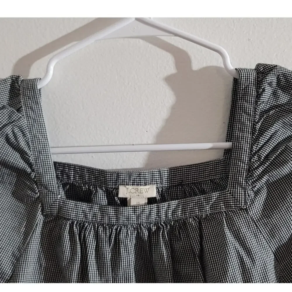 J Crew Penny Peasant Gingham Square Neck 3/4 Sleeve Top Black White XS