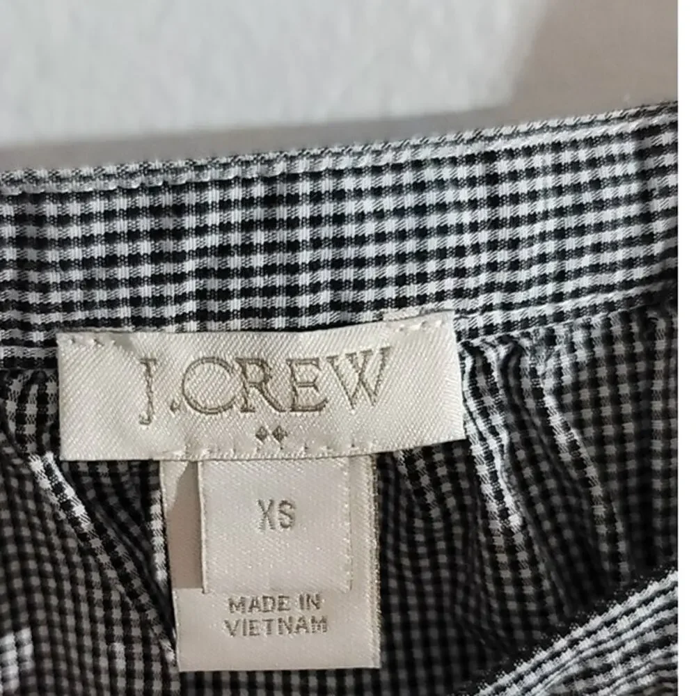 J Crew Penny Peasant Gingham Square Neck 3/4 Sleeve Top Black White XS