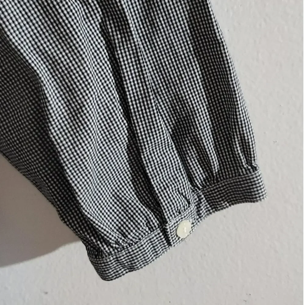 J Crew Penny Peasant Gingham Square Neck 3/4 Sleeve Top Black White XS