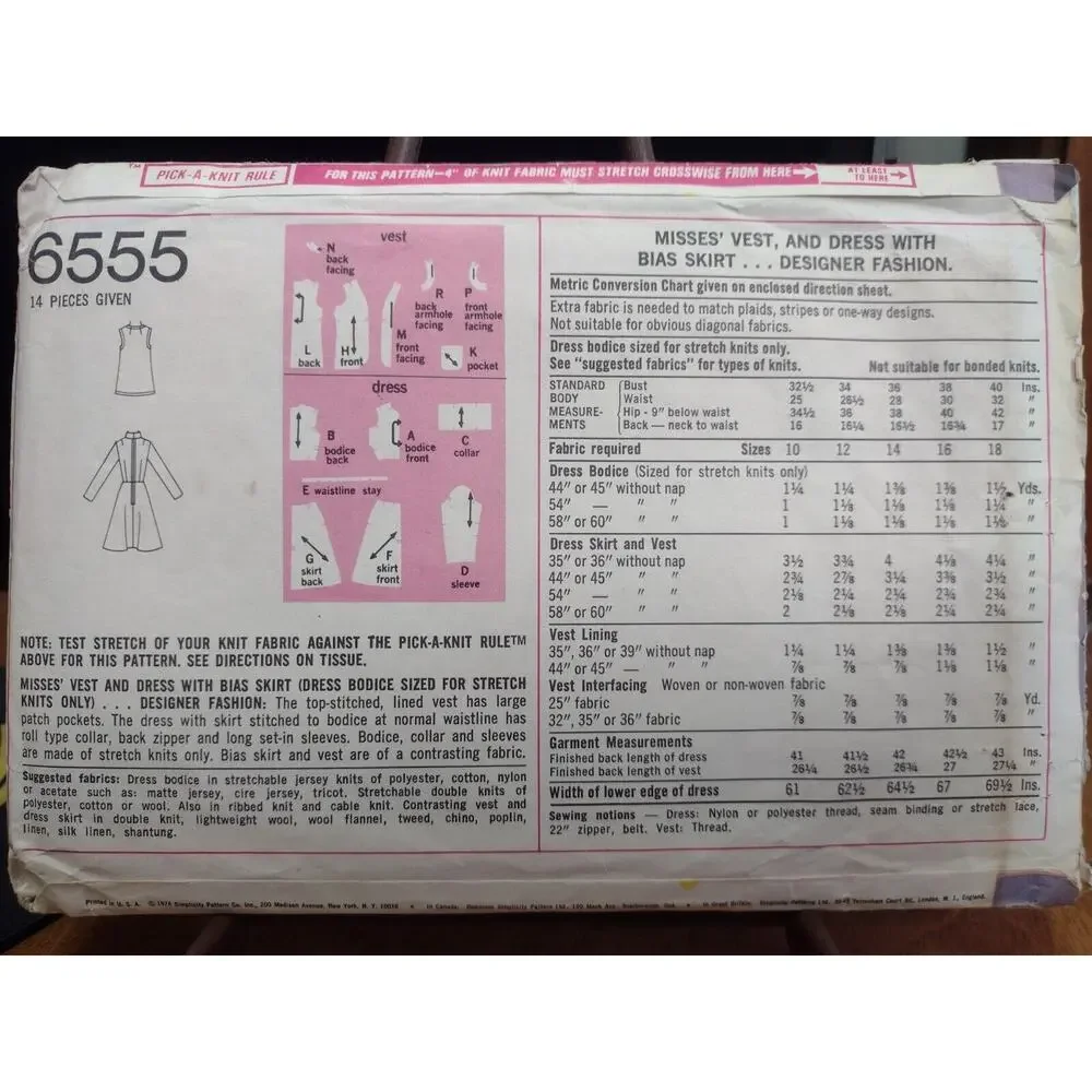Vintage Simplicity Pattern 6555 Misses Vest & Dress w/ Bias Skirt Size 12 (1974)