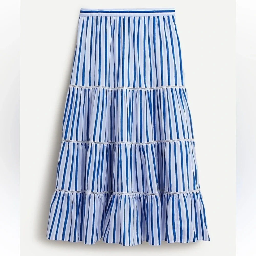 NWT J Crew Large Tall LT Striped Midi Skirt Tiered Cottagecore Blue Indie boho