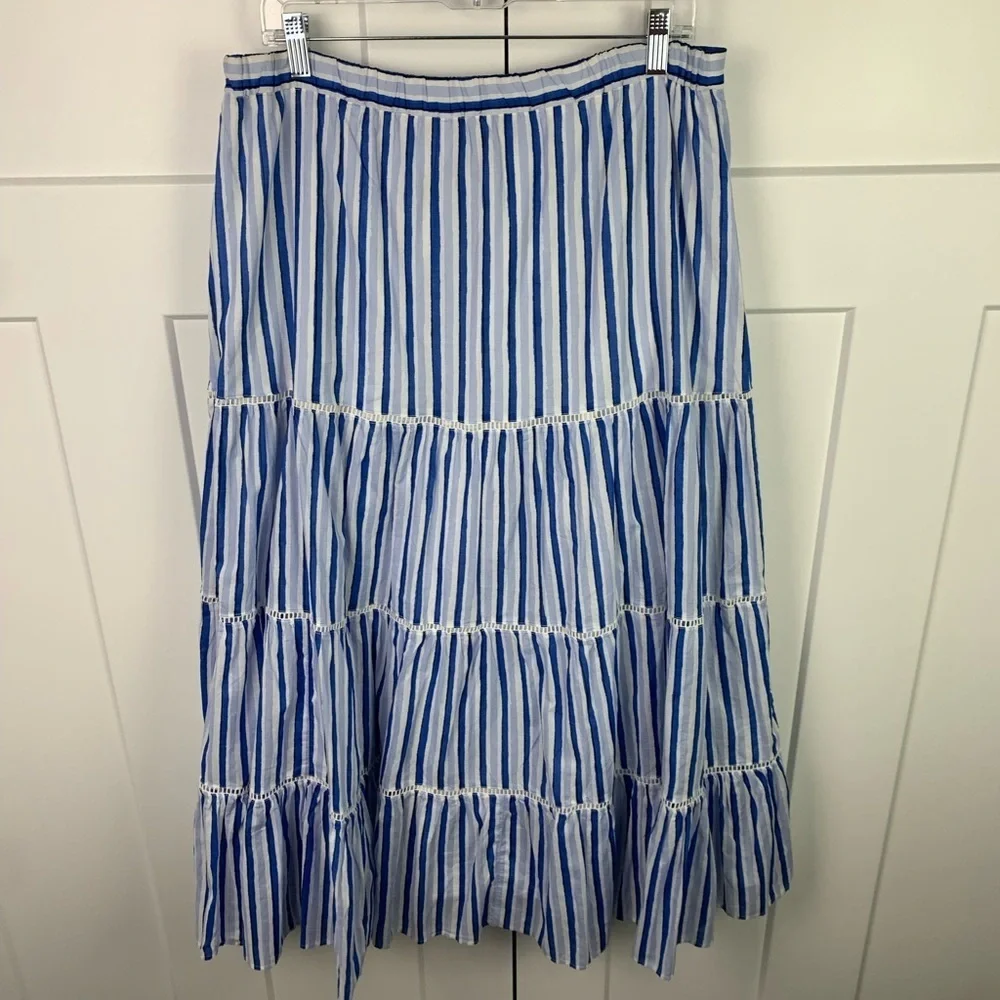 NWT J Crew Large Tall LT Striped Midi Skirt Tiered Cottagecore Blue Indie boho