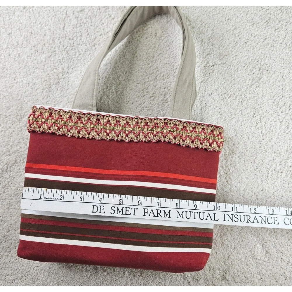 OOAK Handmade Striped Tote Bag Red‎ White Brown Gold Trim Snap Closure Purse