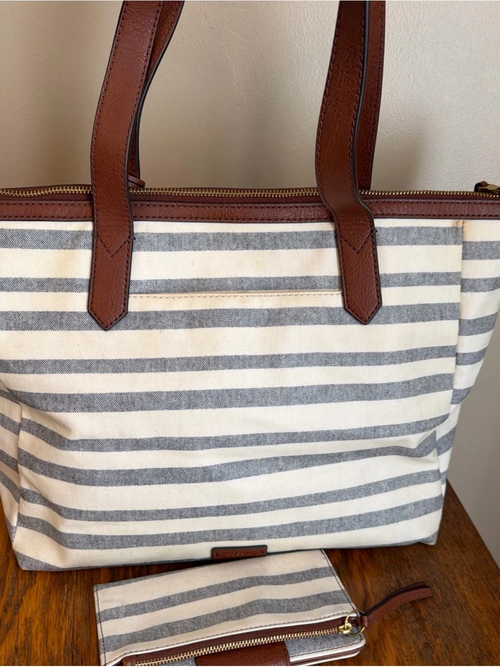 Fossil Fiona Shopper Tote Striped Coated Canvas Shoulder Bag Matching Wallet
