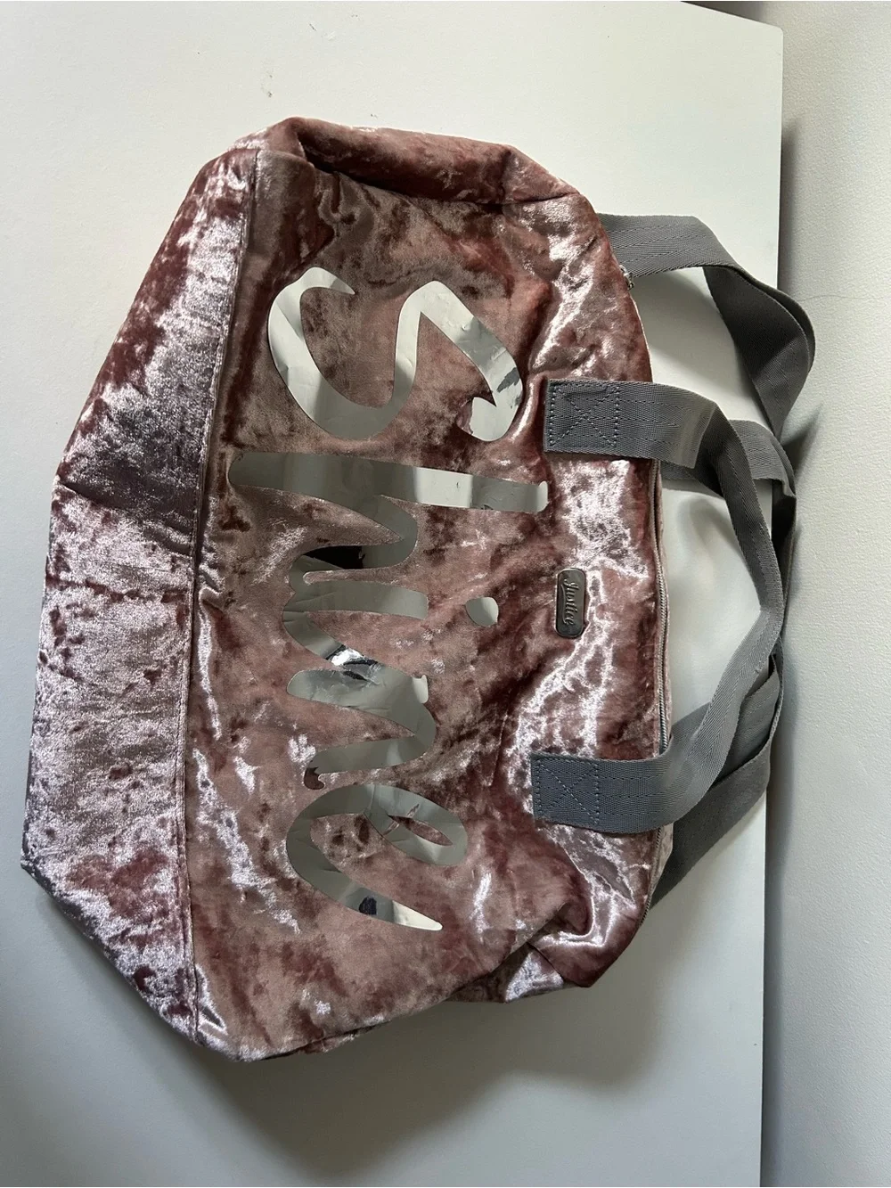 Justice Pink Crush Velvet Tote with Gray Straps