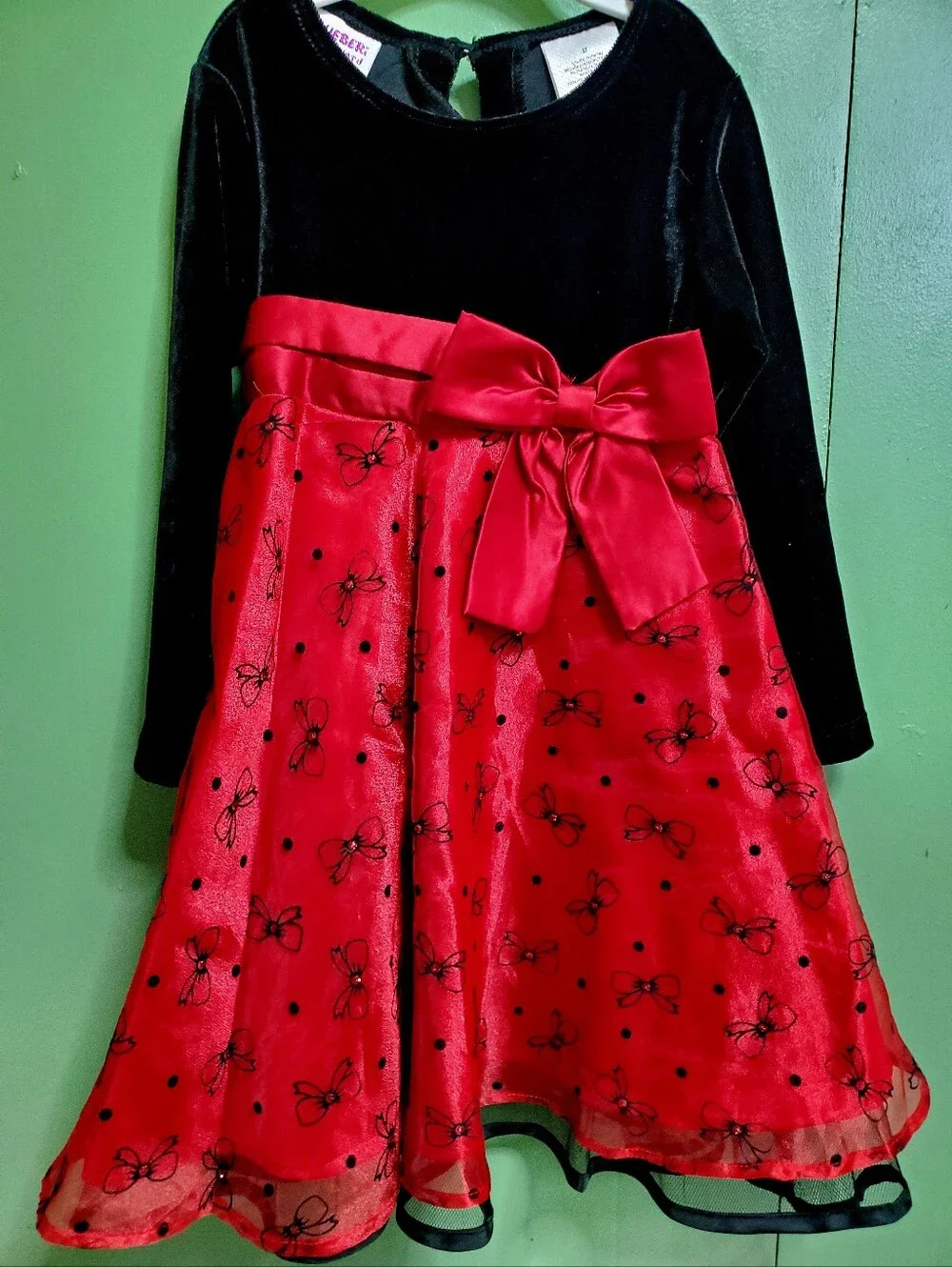 Girls' Black & Red Velvet Bodice Holiday Dress with Satin Bow