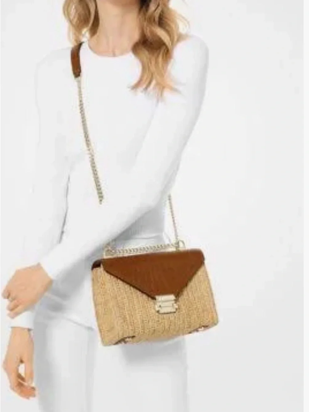 Michael Kors Whitney Large Raffia Crocodile Leather Convertible Shoulder Bag