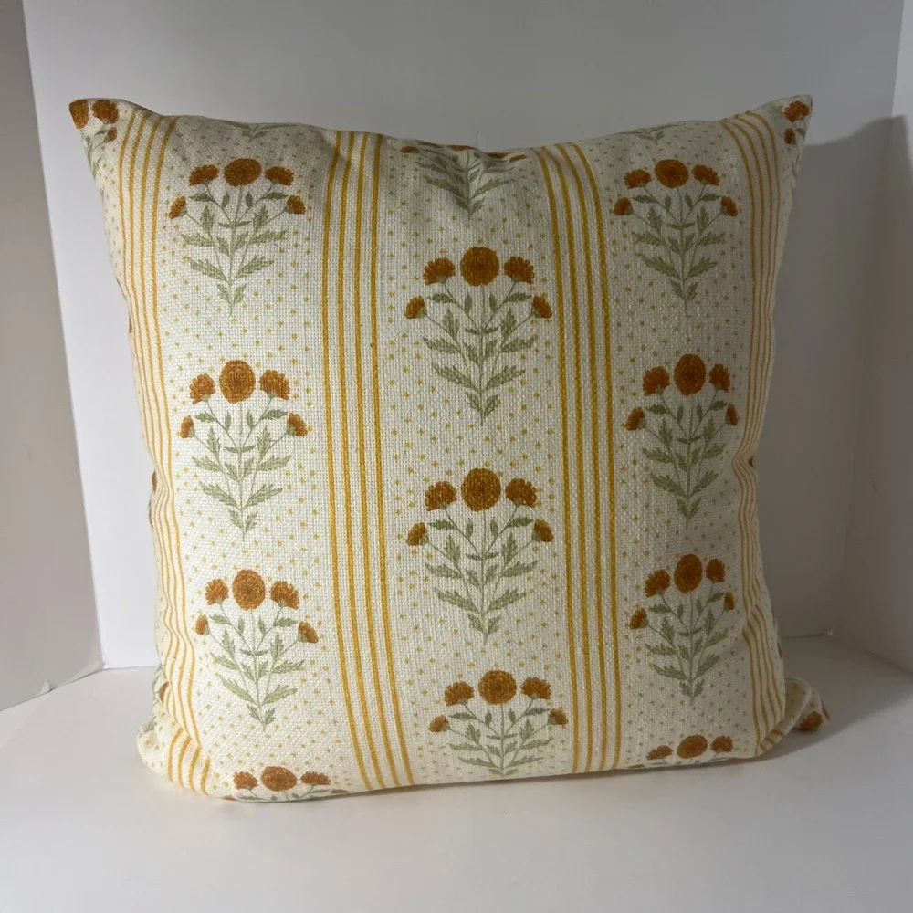 Anthropologie Mira Cotton Woven Printed Floral Pillow Yellow Stripe 18