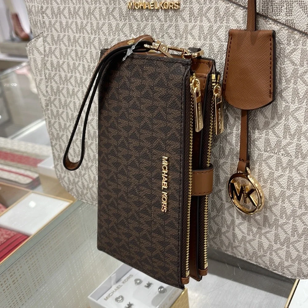 Michael Kors Jet Set Travel Large Double-Zip Wristlet-Wallet-PhoneHolder Brown