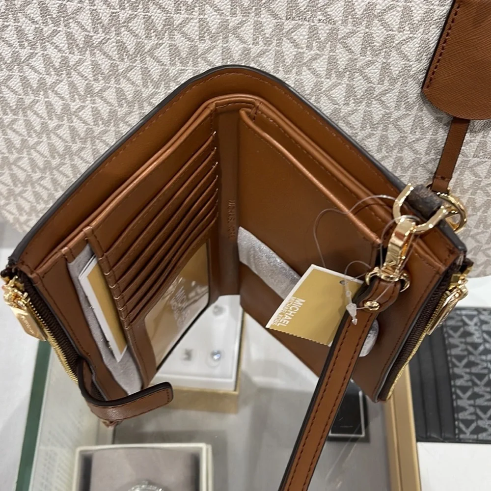 Michael Kors Jet Set Travel Large Double-Zip Wristlet-Wallet-PhoneHolder Brown