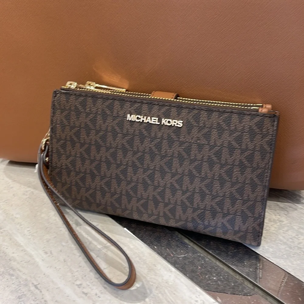 Michael Kors Jet Set Travel Large Double-Zip Wristlet-Wallet-PhoneHolder Brown